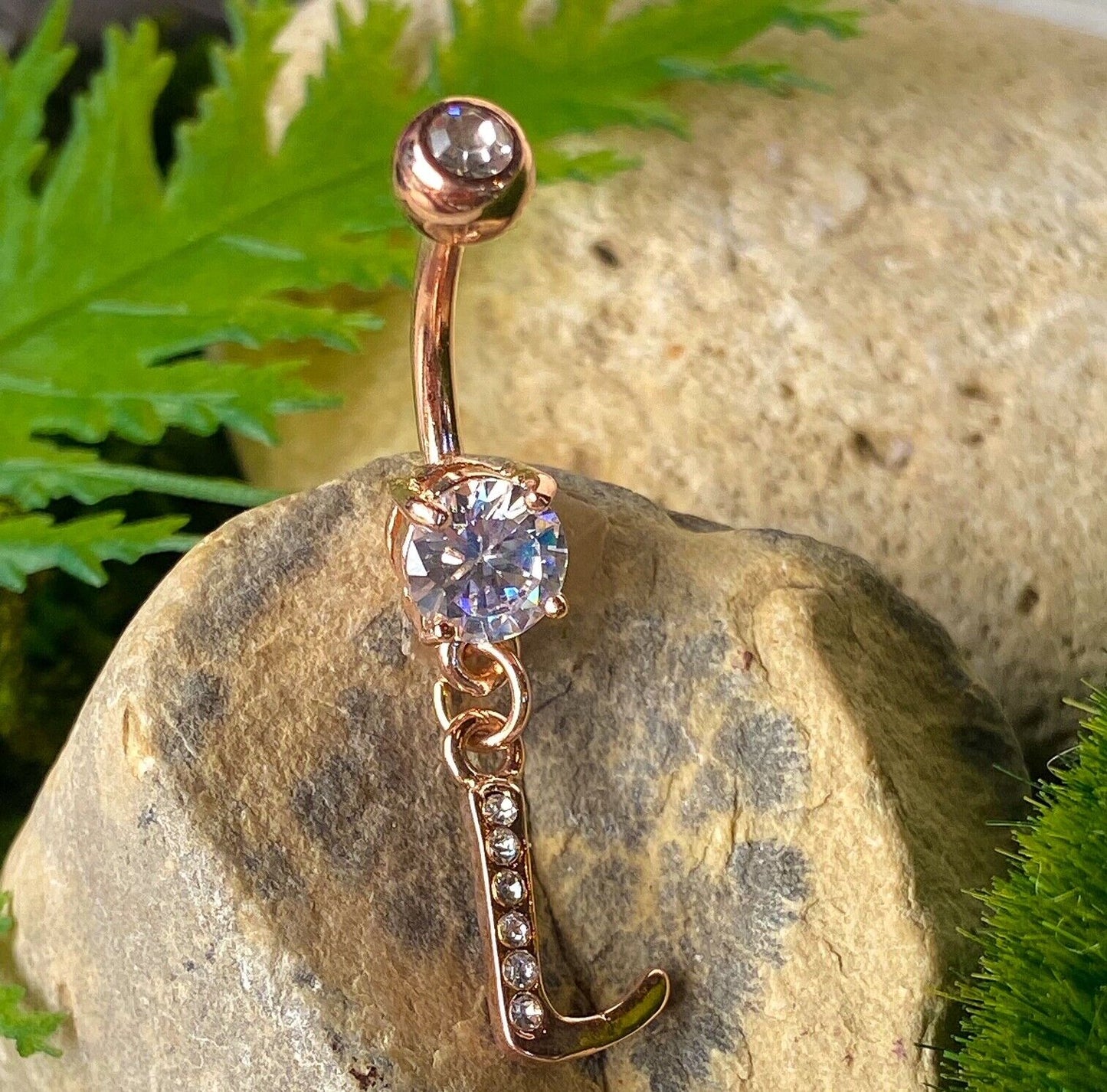 14kt Rose Gold Plated Initial Dangle Belly Ring Pierced Navel Naval Letter