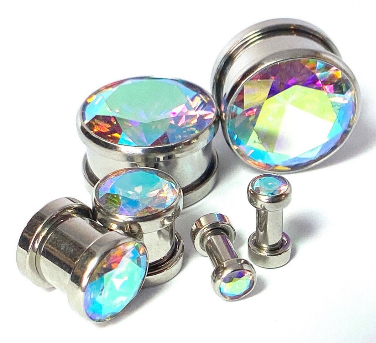 PAIR Large Aurora Borealis Gem Screw Fit Tunnel Plug Gauge Body Jewelry Piercing