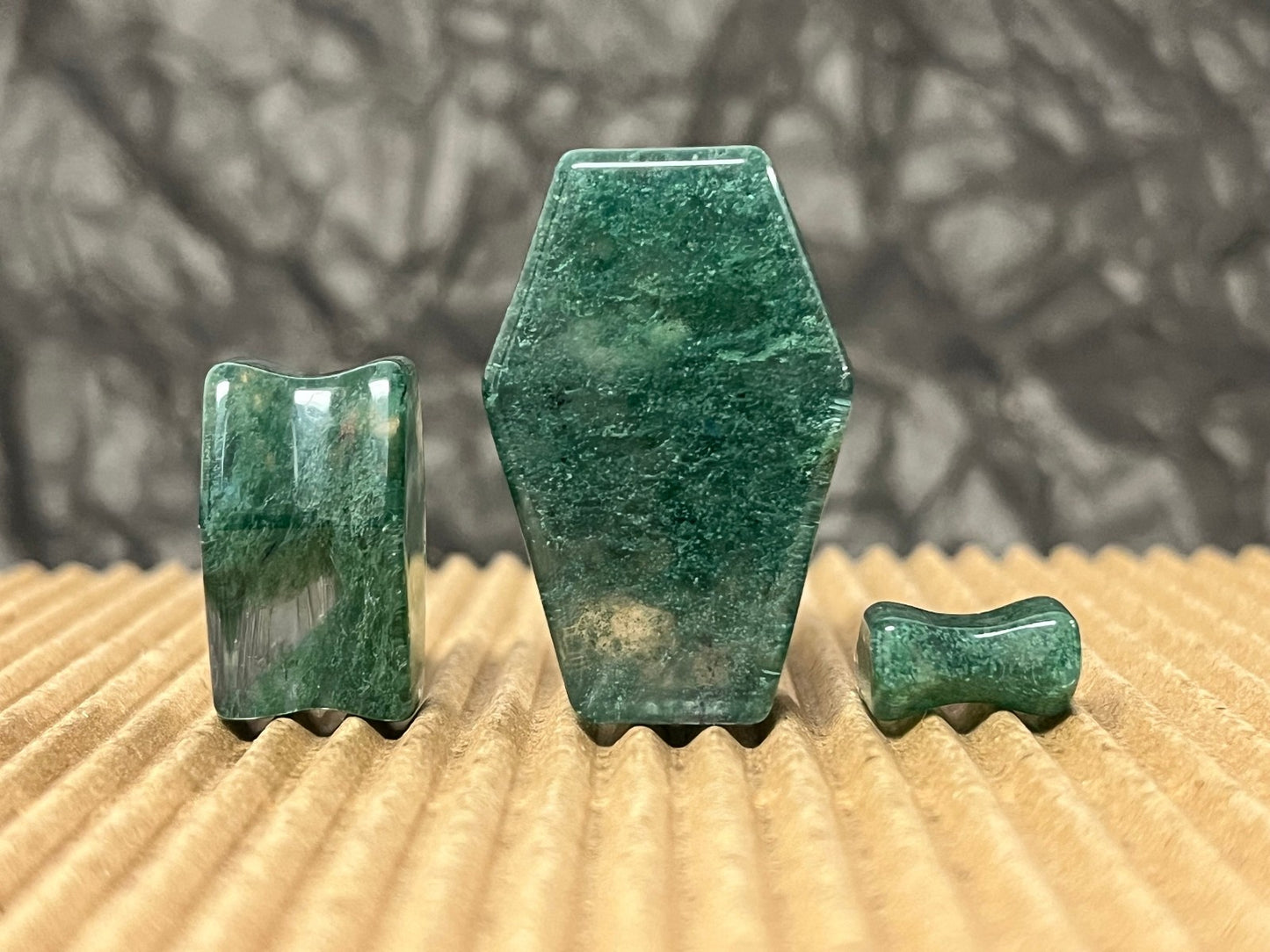 PAIR Mossy Glass Stone Double Flare Coffin Shaped Plugs Gauges Body Jewelry