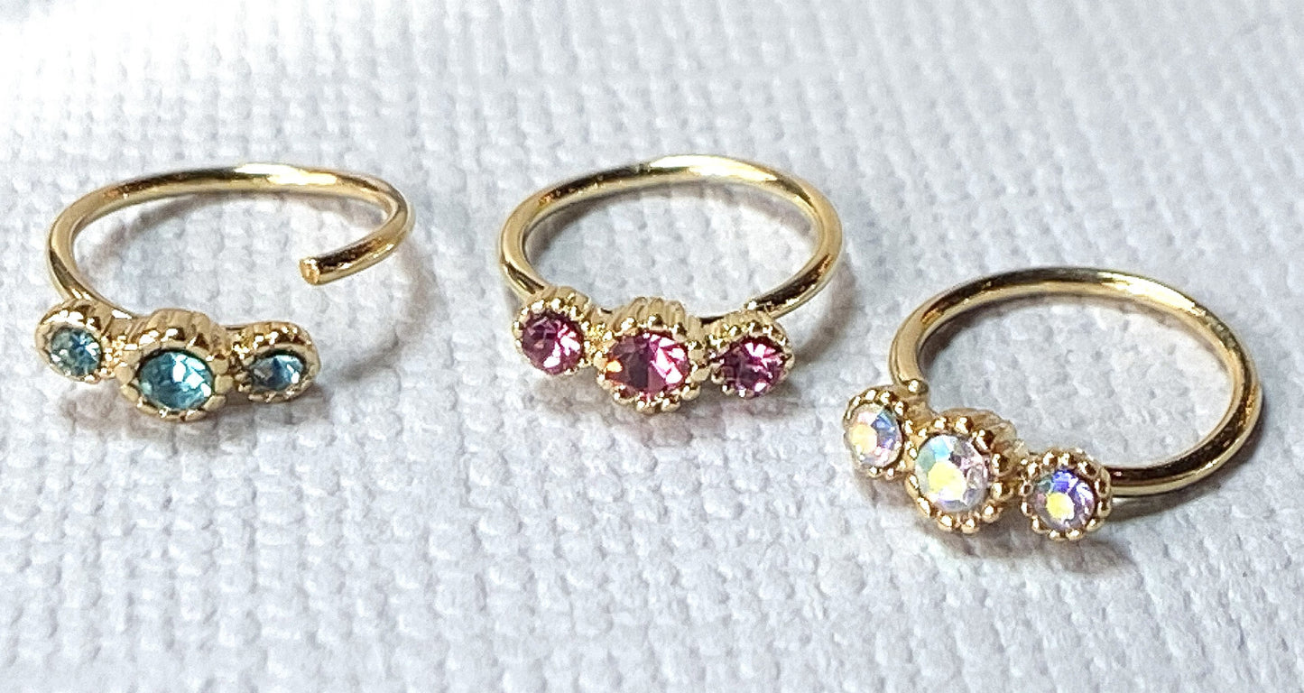 1pc Yellow Gold Three CZ Gem Hoop Nose / Cartilage Ring Rook Daith Helix Tragus