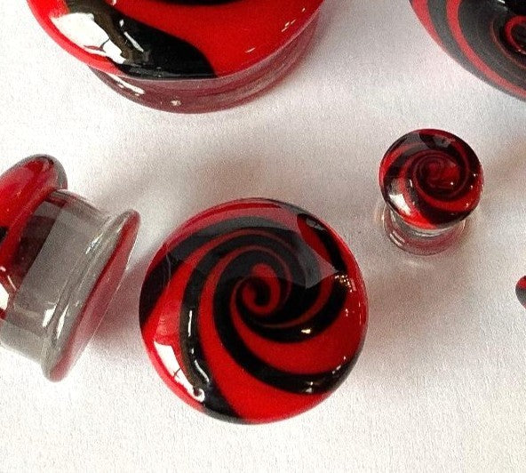 PAIR Red & Black Hypnotic Swirl Glass Double Flare Plugs Tunnels Gauges