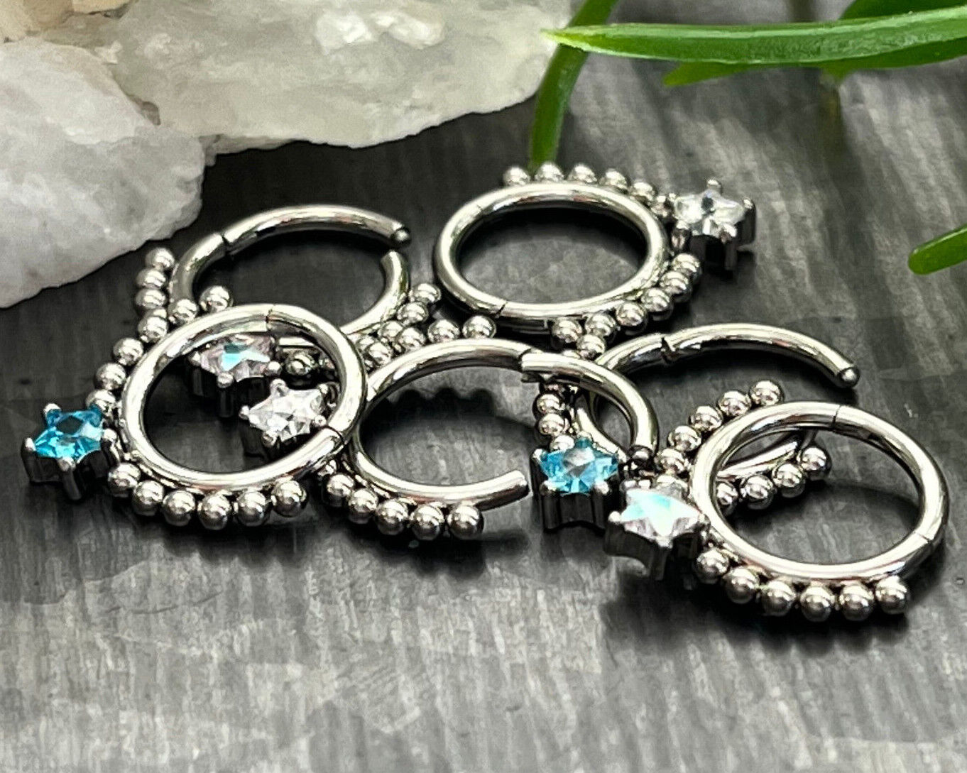 1pc Star CZ Gem & Beads Hinged Segment Ring 16g Septum Clicker Helix Cartilage