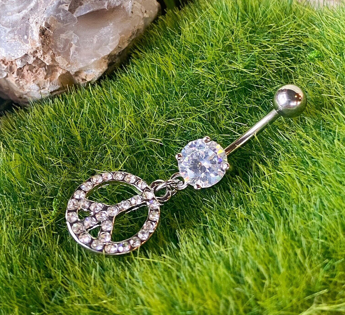 1pc CZ Gem Peace Sign Belly Ring Pierced Navel Naval 14g Piercing Body Jewelry
