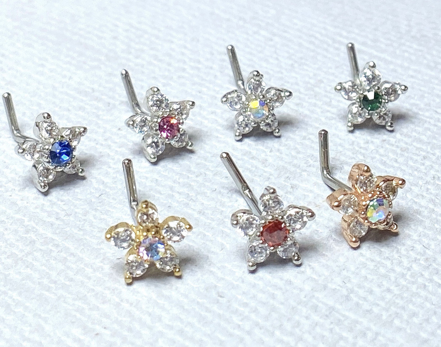 1pc Six CZ Gem Paved Flower Top 20g L-Bend Nose Ring Stud Screw Surgical Steel