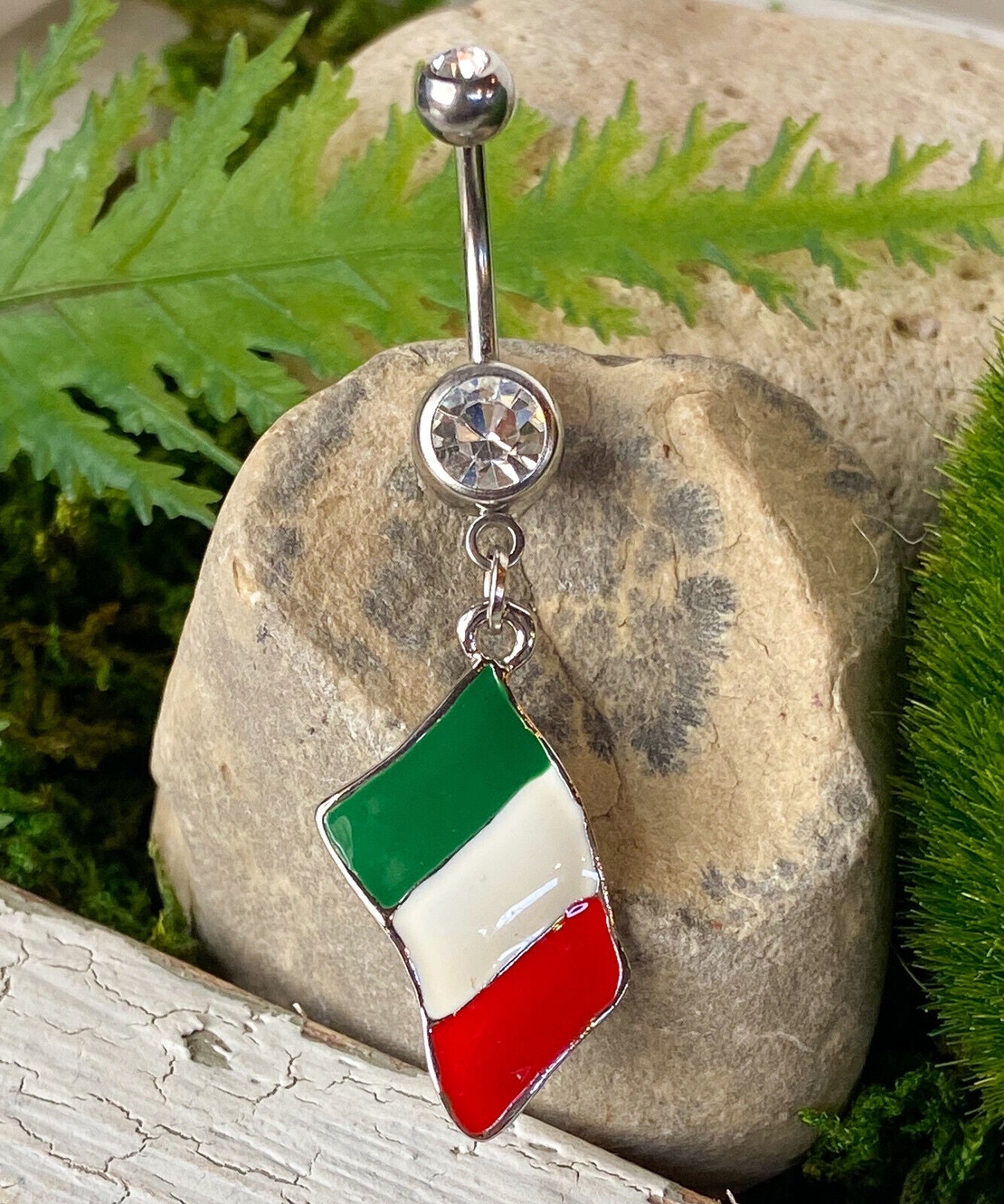 Flag Belly Ring 316L Surgical Steel Pierced Navel Naval Patriotic Country CZ Gem