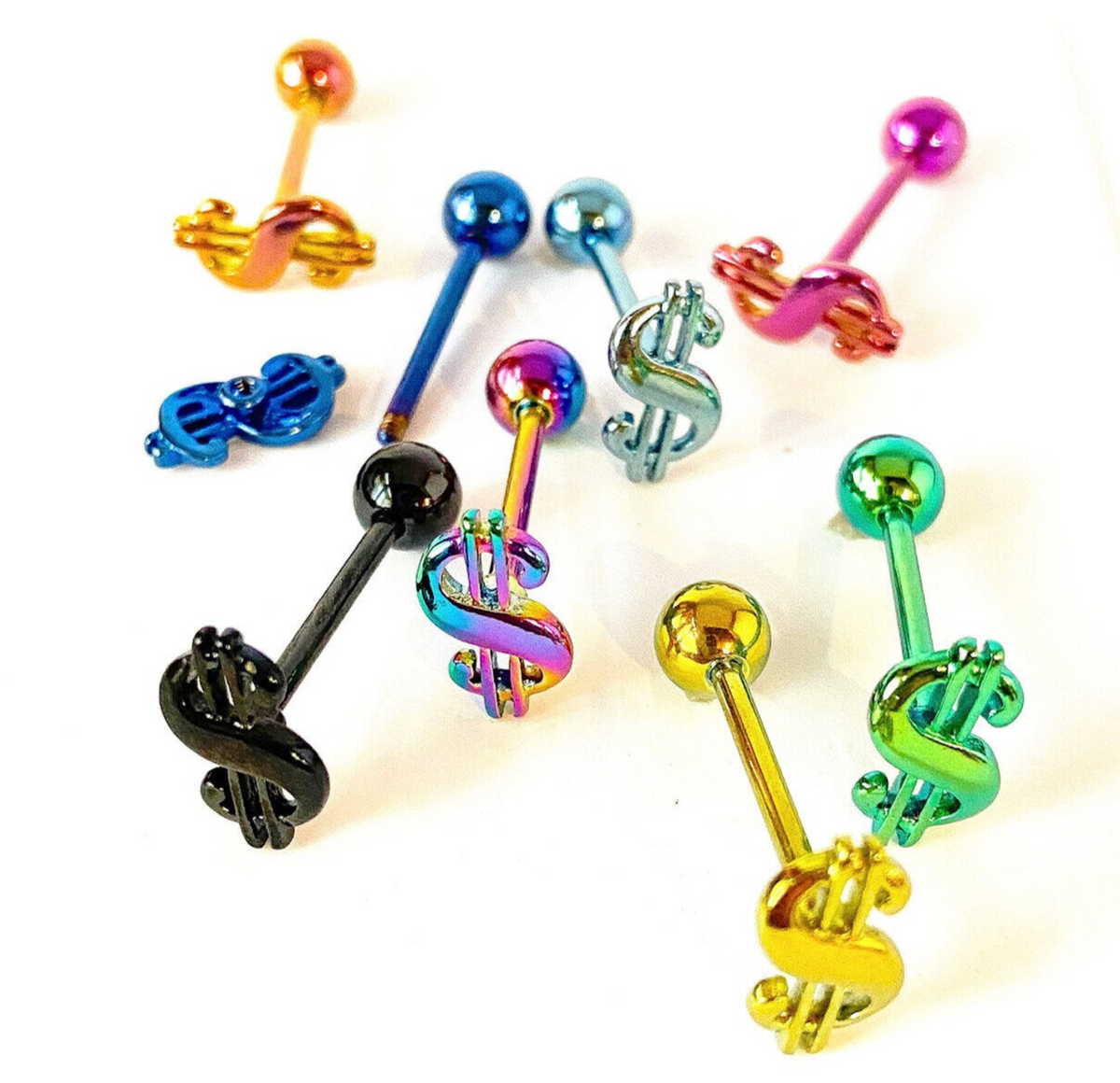 1pc Money $ Dollar Sign Design Tongue Ring Titanium Anodized 14g Tounge Barbell