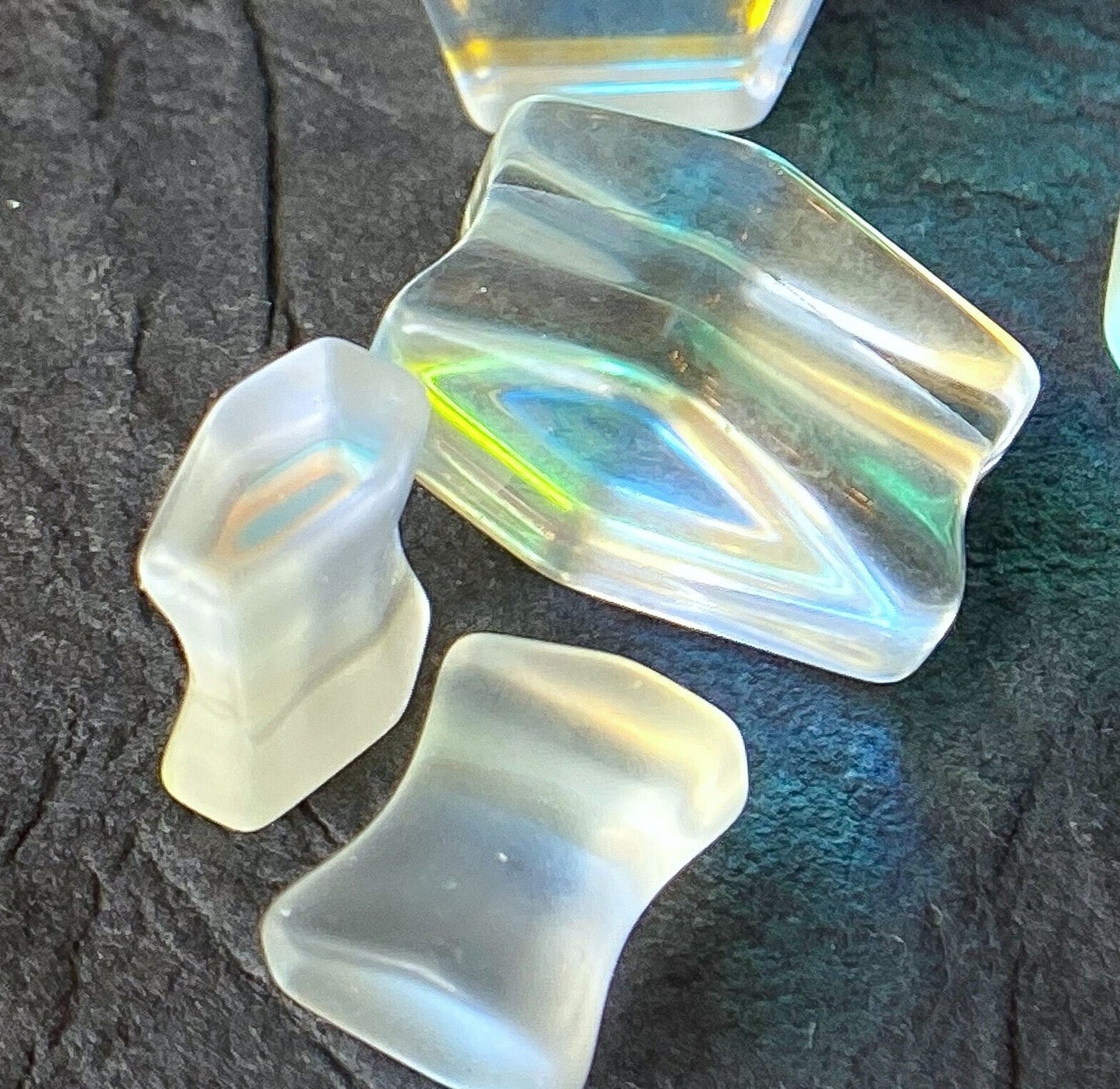 PAIR Luminous Moonstone Iridescent Glass Coffin Shaped Plugs Gauges Tunnels