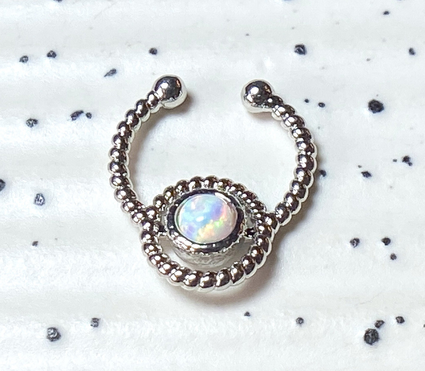 1pc NON-Piercing Silver Roped Circle Design Septum Hanger Opal Gem Fake Ring