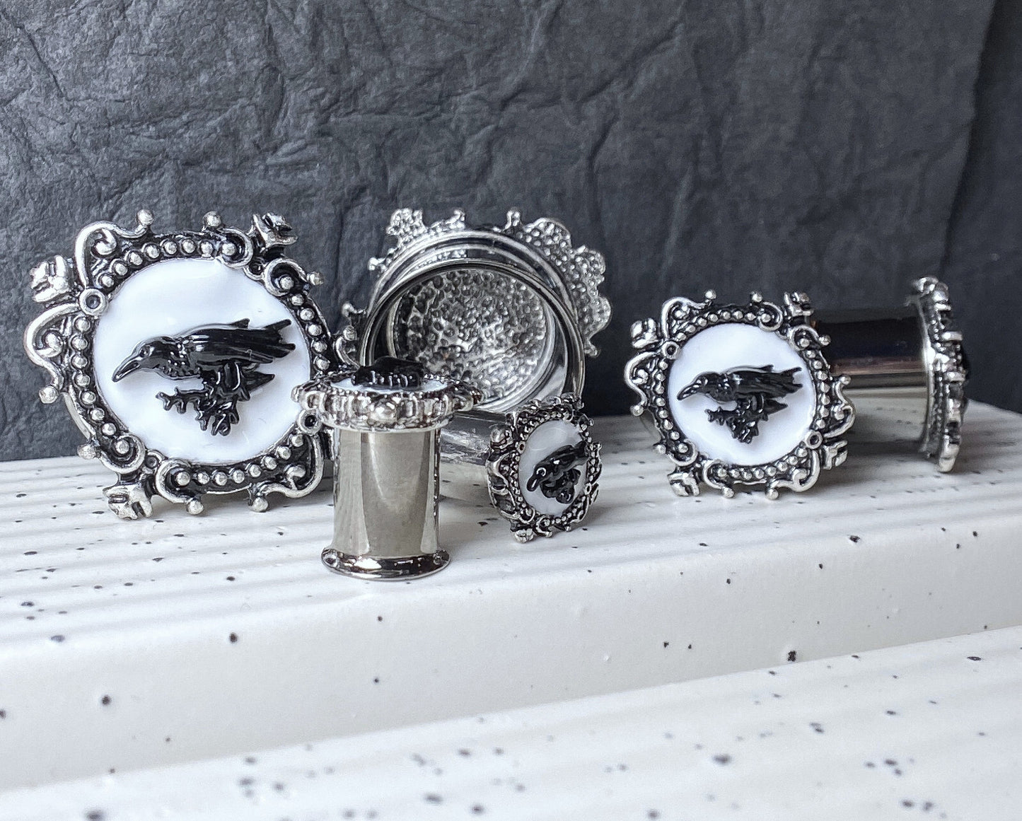 PAIR Poe the Raven Vintage Frame Steel Double Flare Tunnels Plugs Earlet Gauges