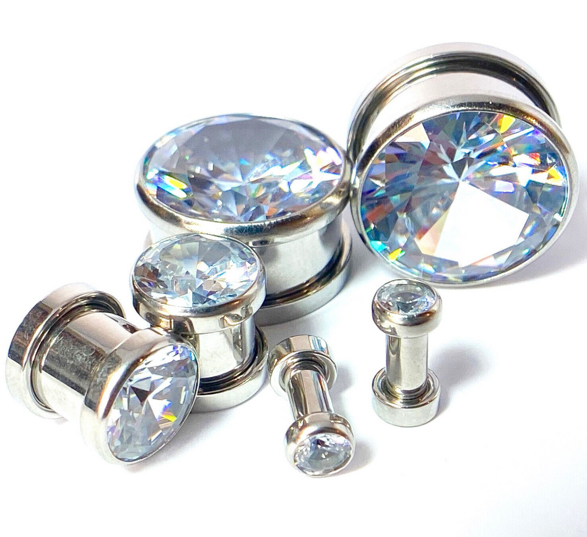 PAIR Large Gem Screw Fit Tunnels Ear Plugs Gauges Pierced Piercing Body Jewelry