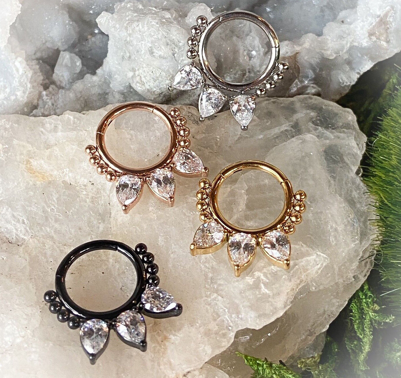 1pc Pear CZ Gems & Beads Hinged Segment Ring 16g Septum Clicker Helix Cartilage