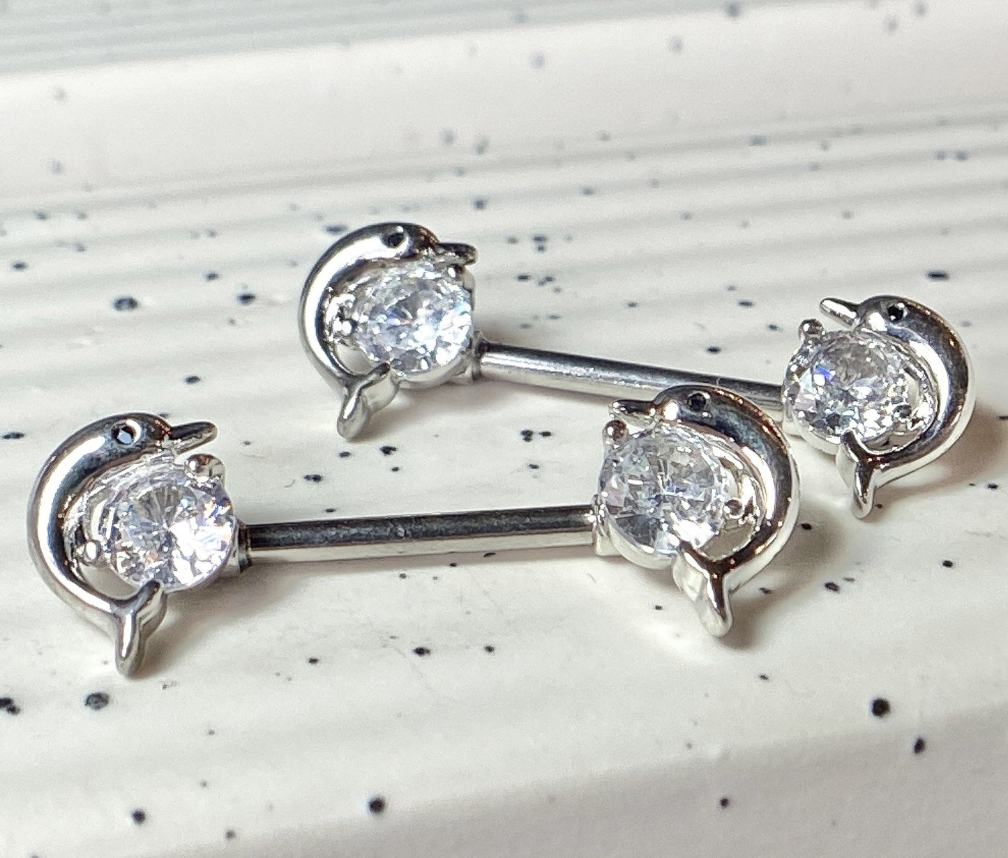 PAIR Dolphin Gem Ends Nipple Rings Shields Barbells Body Jewelry