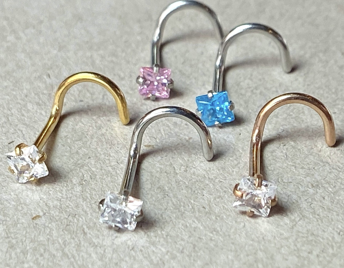 5pcs Prong Set Square Gem Nose Ring Screws 316L Surgical Steel Body Jewelry