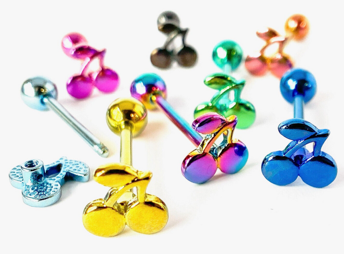 1pc Cherry Cherries Design Tongue Ring Titanium Anodized 14g Tounge Barbell