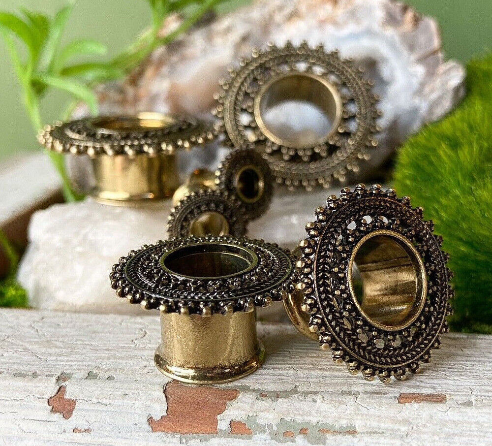 PAIR Antique Gold IP Tribal Lace Design Tunnels Plugs Earlet Gauges Body Jewelry