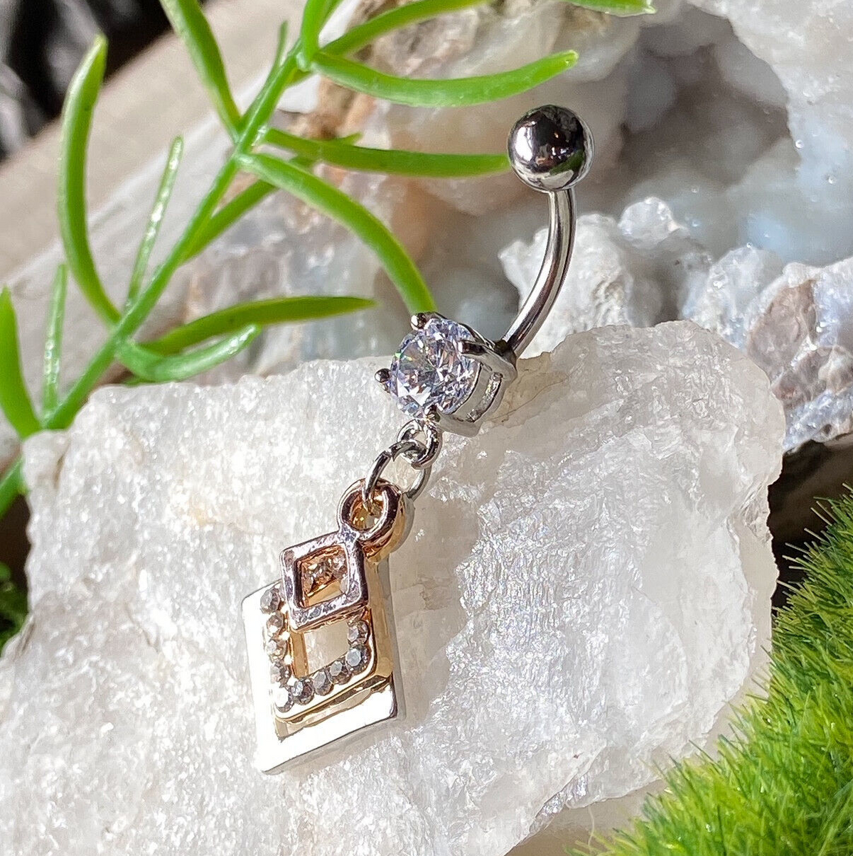  3 Tone CZ Clear Gem Dangle Belly Ring Navel (w169)