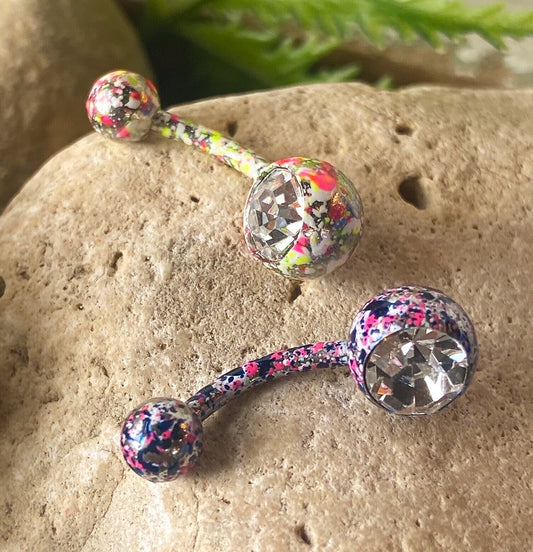 Neon Paint Splatter Belly Ring Navel Naval Solitaire CZ Gem Pink, Purple