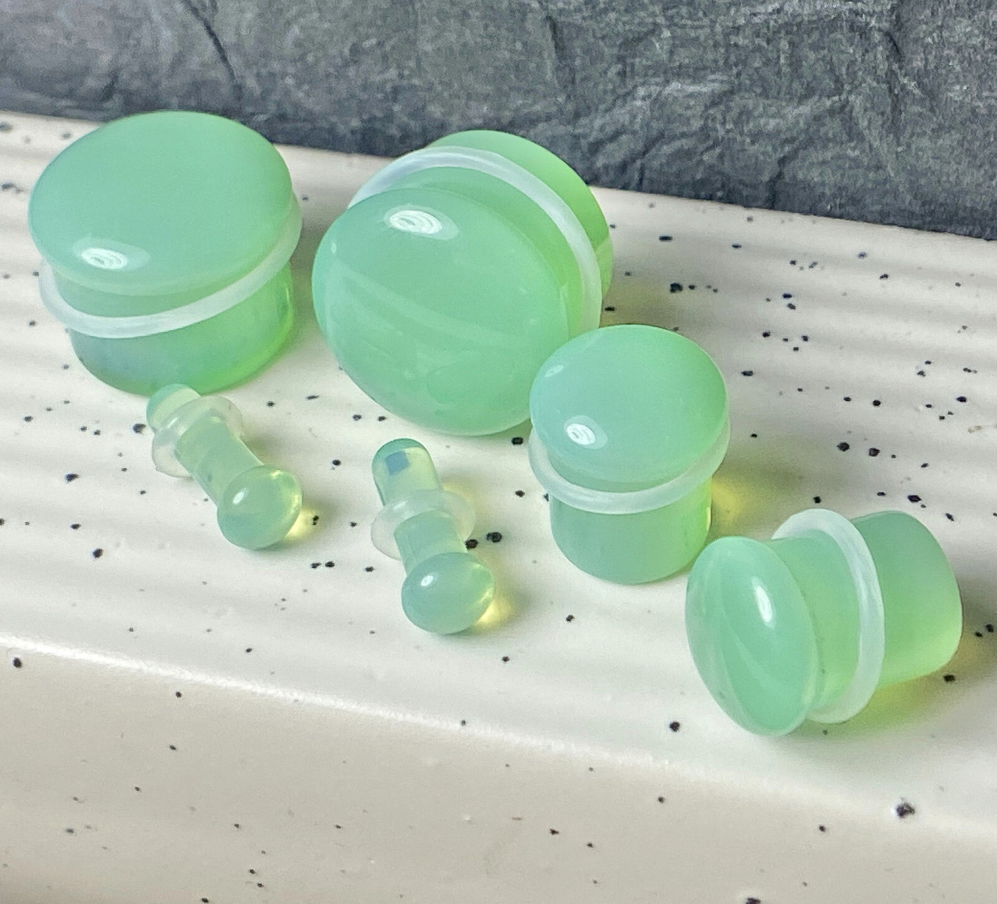 PAIR Green Opalite Single Flare Plugs Stone Glass Earlets Gauges Body Jewelry