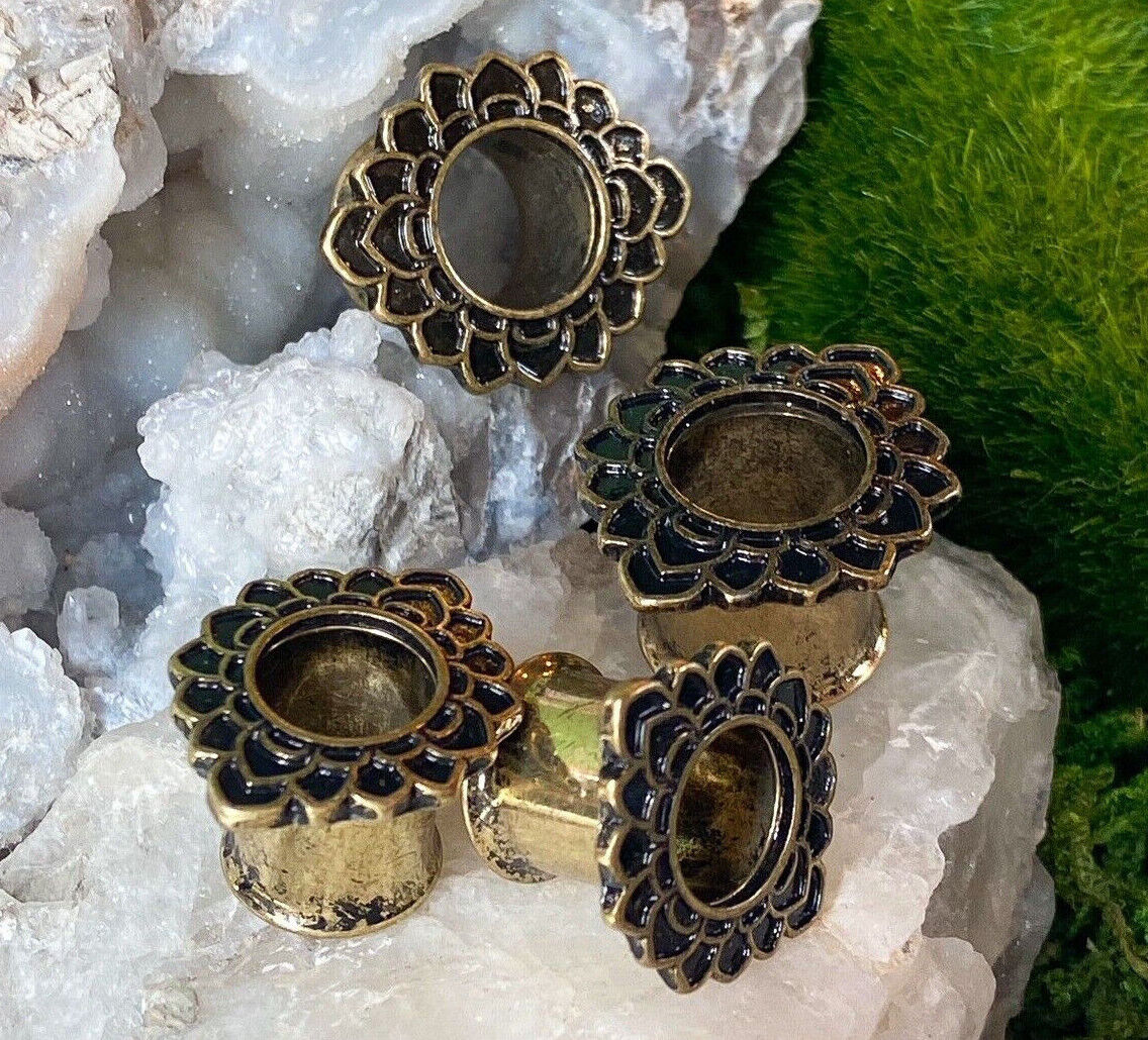 PAIR Antique Gold IP Tribal Flower Tunnels Plugs Earlets Gauges Body Jewelry