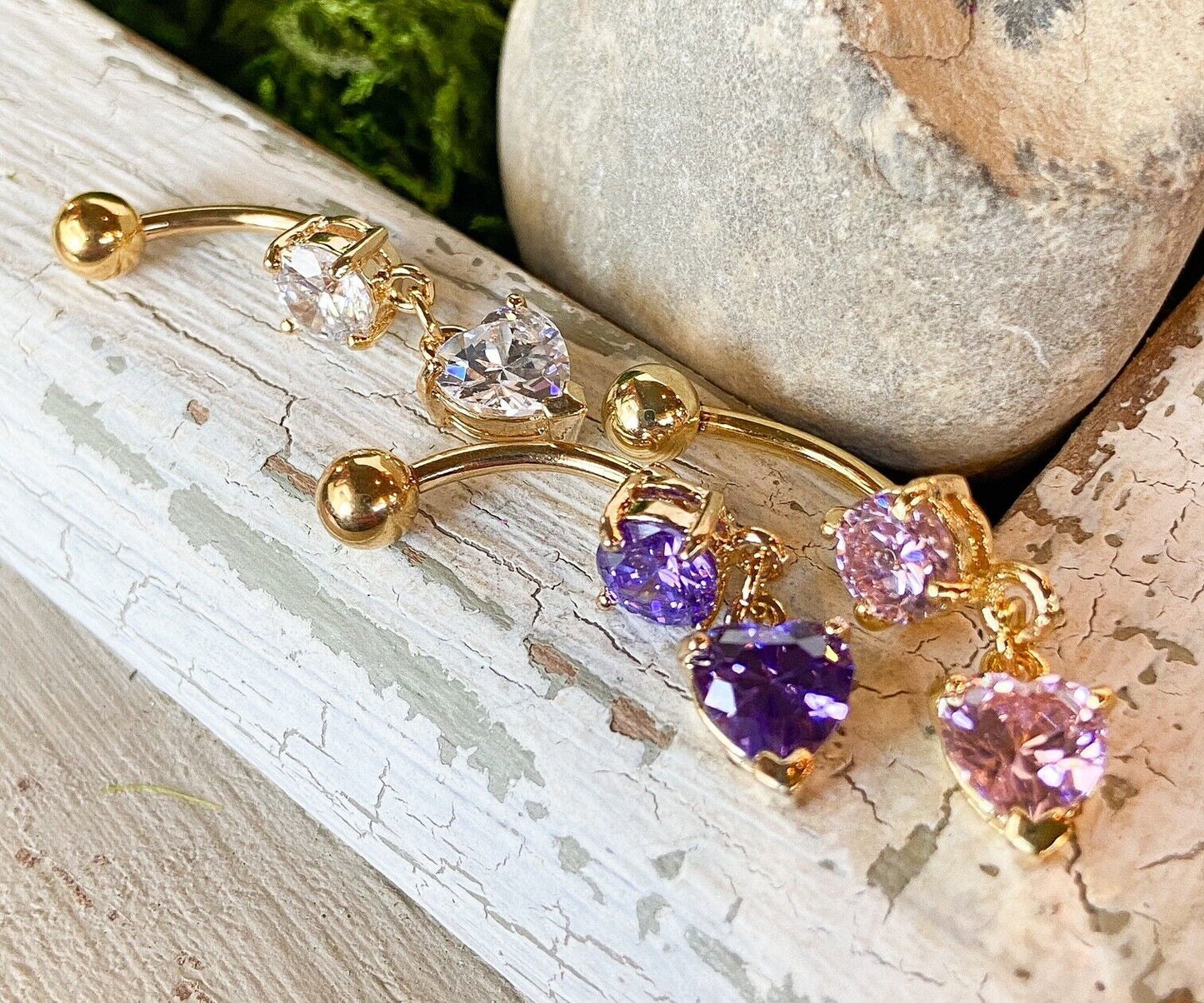 Gold Heart CZ Gem Belly Ring Navel Naval Clear, Pink, Tanzanite