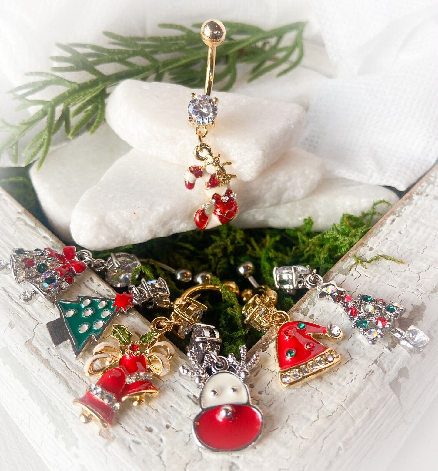 Christmas Dangle Belly Ring Pierced Navel Holiday Surgical Steel 14k Gold IP