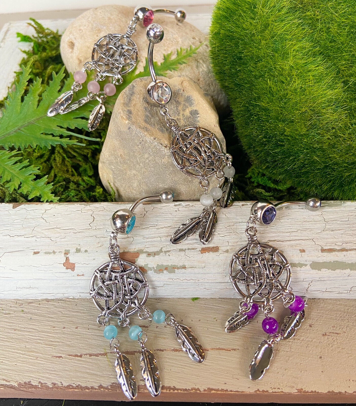 Dream Catcher Beaded Feather CZ Gem Belly Ring Navel Naval Clear, Pink, Aqua