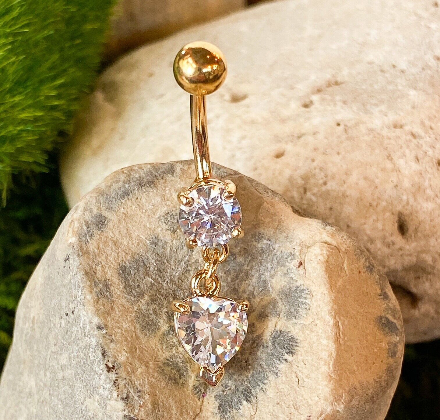 Gold Heart CZ Gem Belly Ring Navel Naval Clear, Pink, Tanzanite