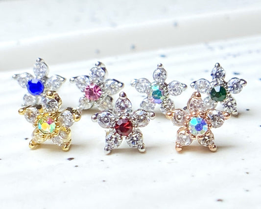 1pc Six CZ Gem Paved Flower Top 20g Nose Ring Stud 316L Surgical Steel