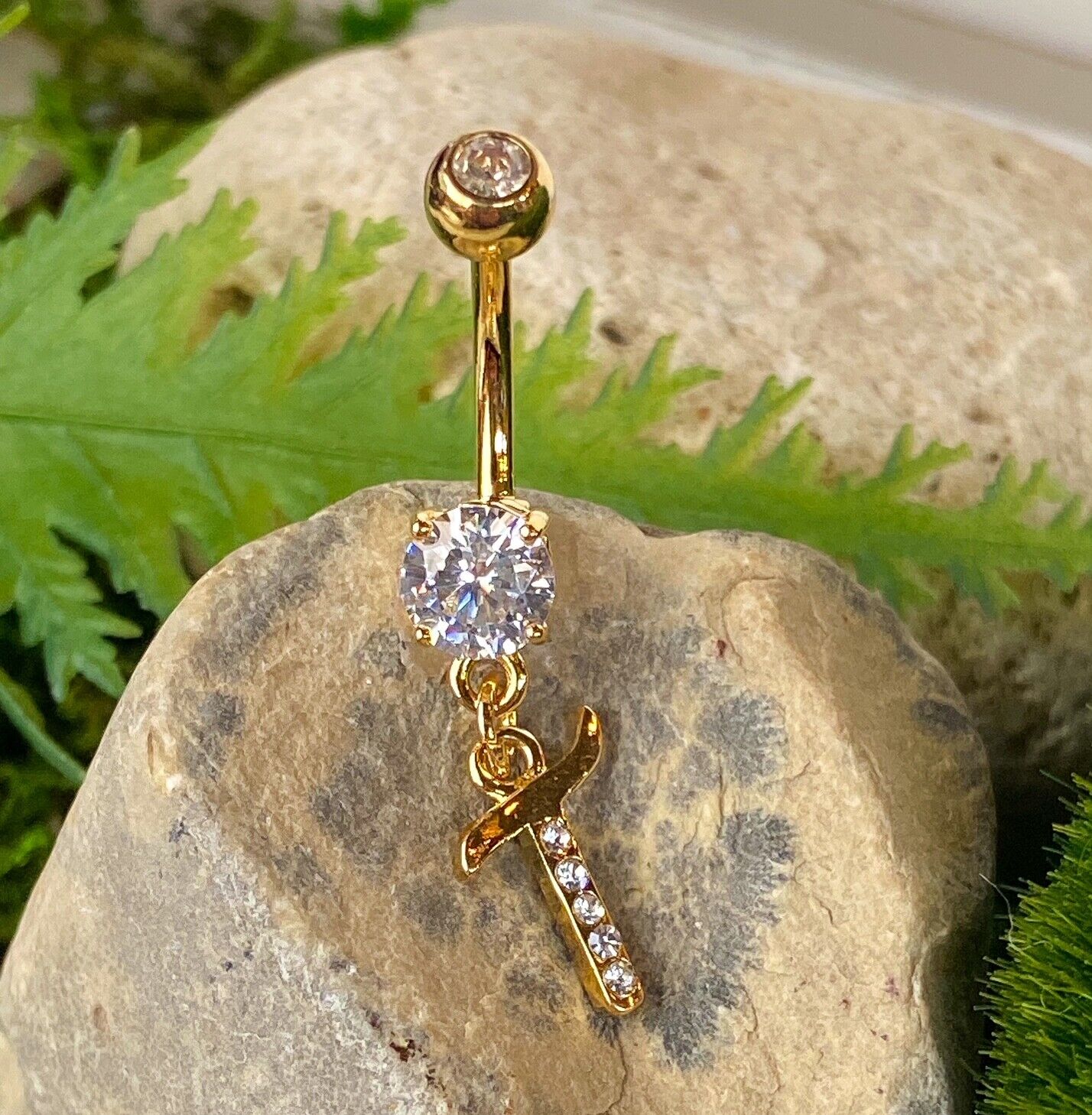 14kt Gold Plated Initial Dangle Belly Ring Naval Navel Letter Body Jewelry