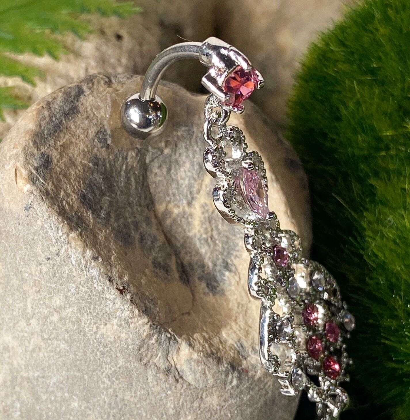 Reverse Chandelier CZ Gems Ring Navel Naval Aurora Borealis, Pink, Tanzanite
