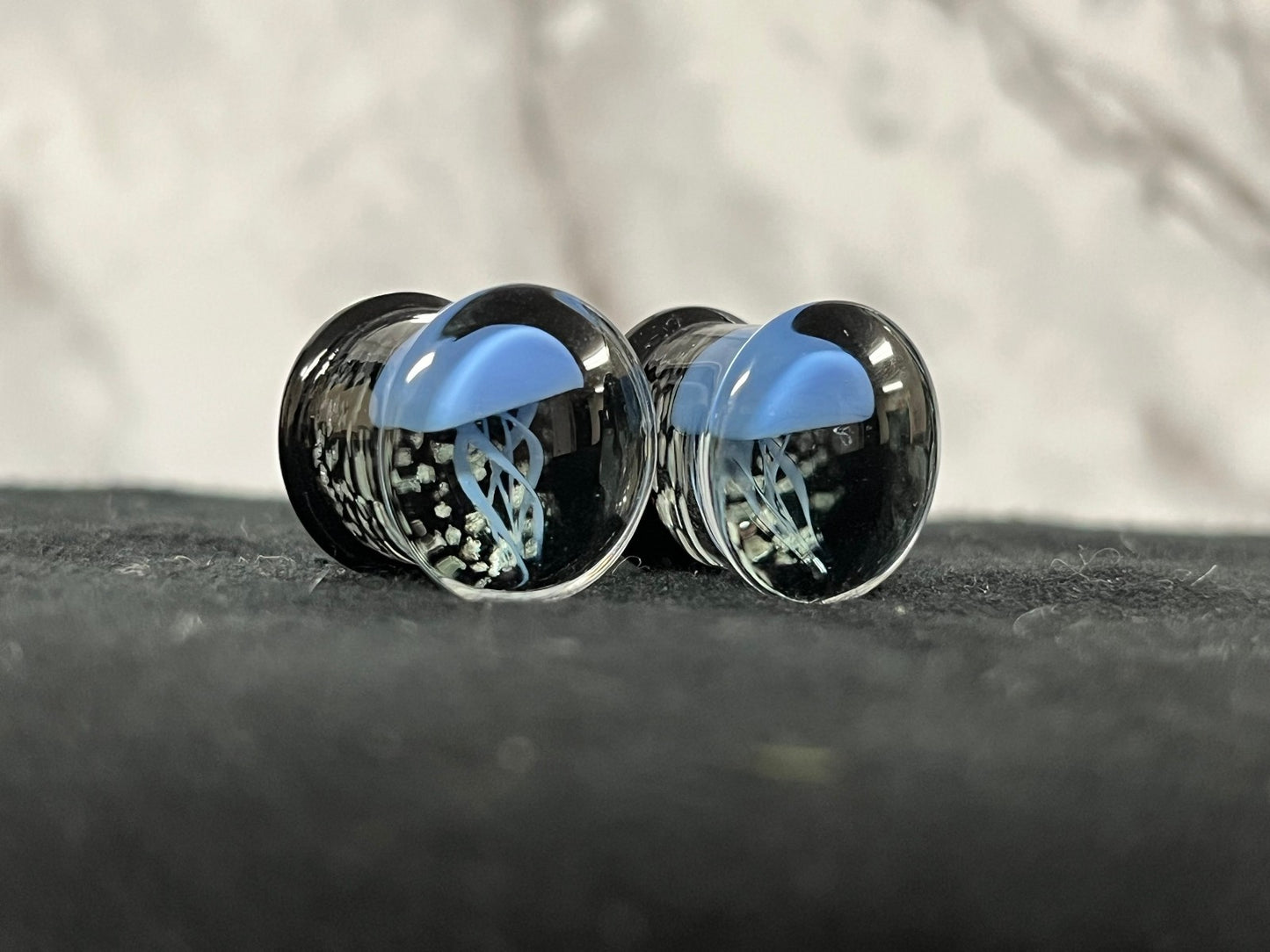 PAIR Blue Jellyfish Glass Double Flare Plugs Tunnel Gauges Glow in the Dark