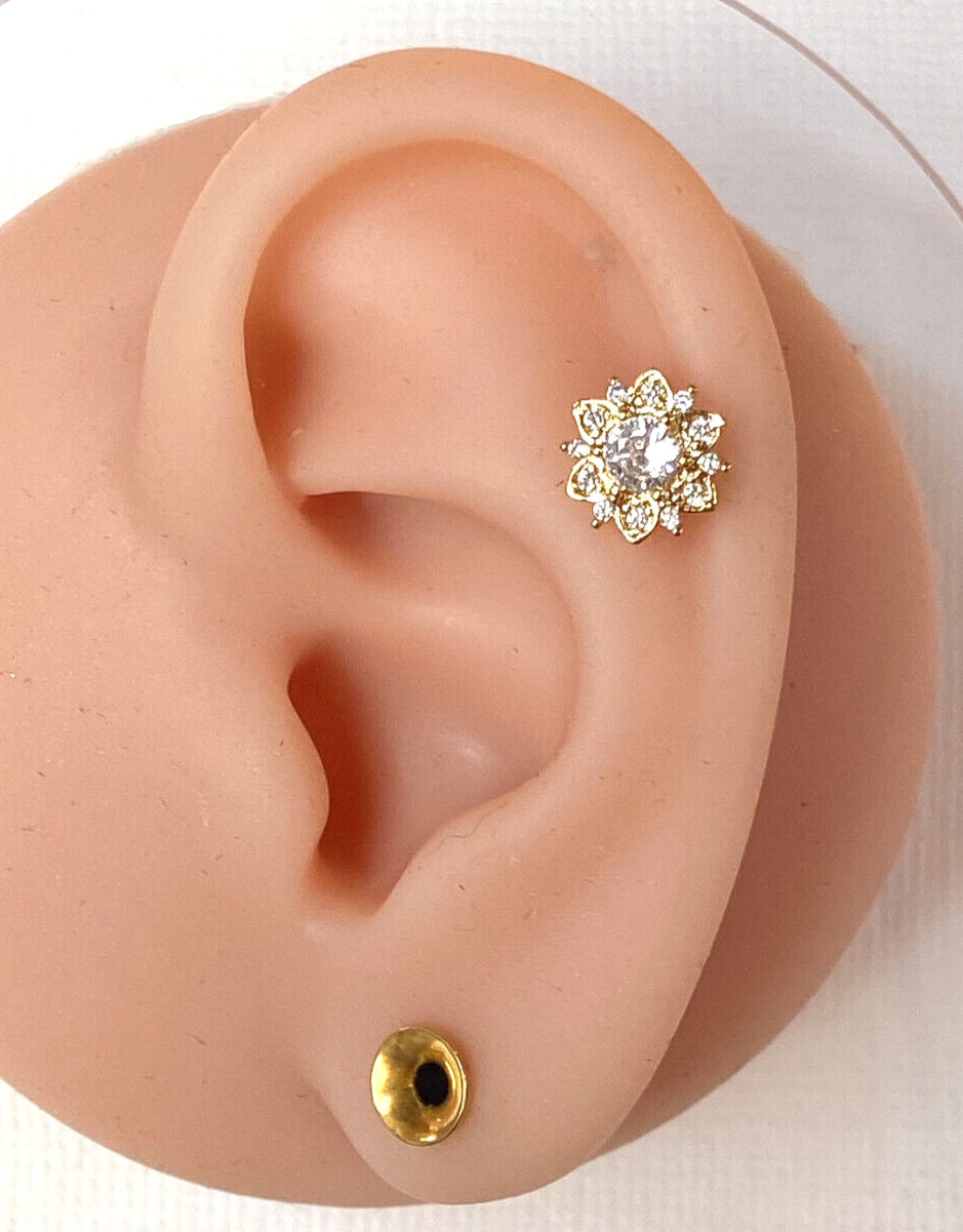 1pc CZ Paved Flower 16g Labret Internally Threaded Steel Monroe Tragus Helix