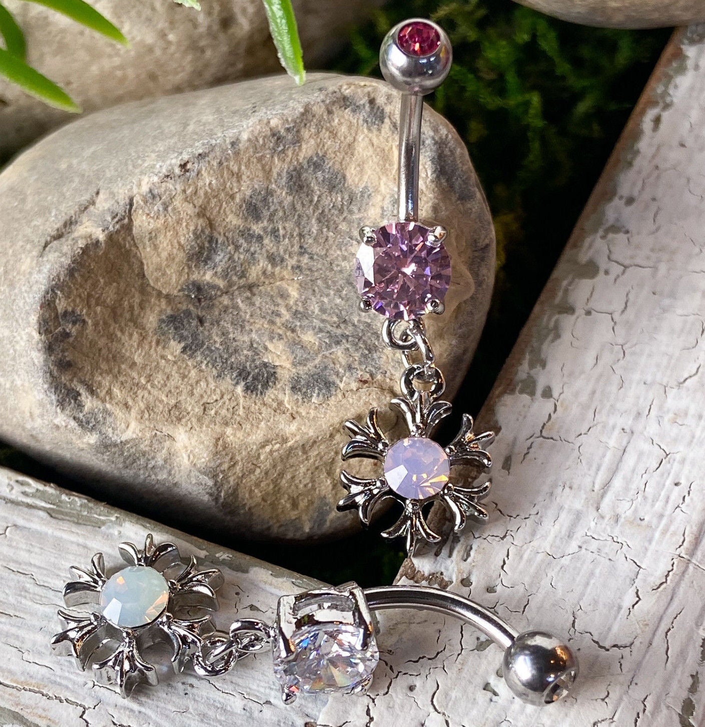 1pc Opalite & CZ Gem Tribal Sun Belly Ring Navel Naval
