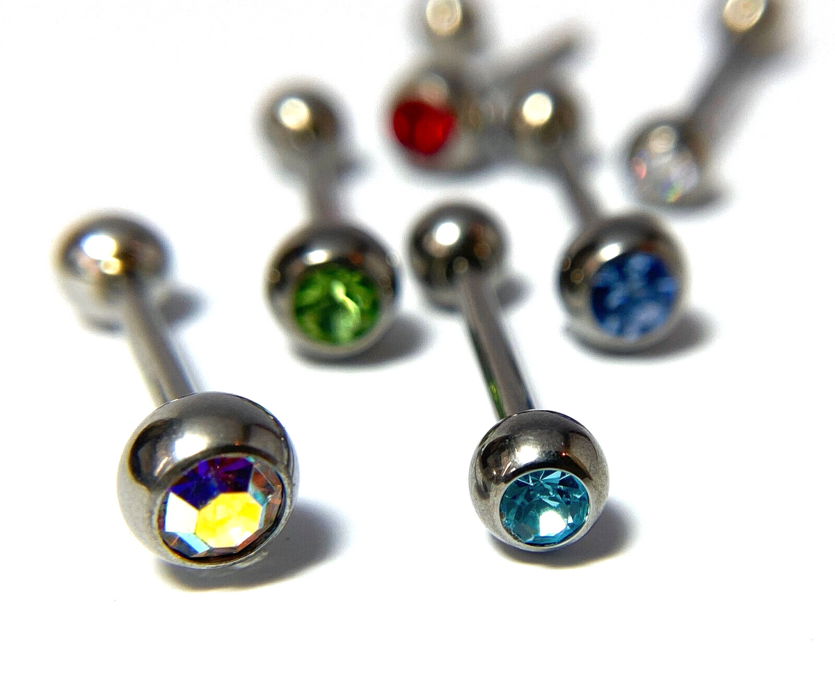 1pc Solid Grade 23 Titanium Barbell 14g, 5/8" (16mm) Tongue Tounge Ring w/Gem