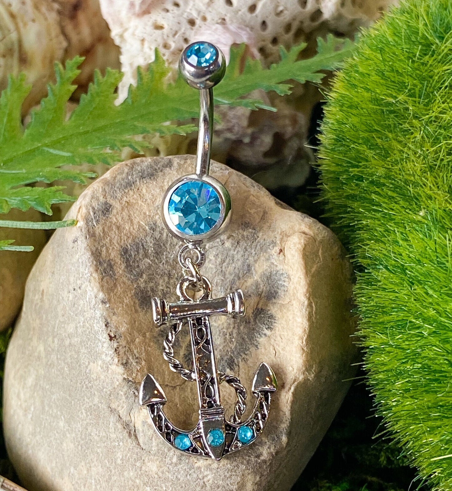 Anchor Dangle Belly Ring Pierced Navel Ship Nautical CZ Gem Clear, Pink, Aqua
