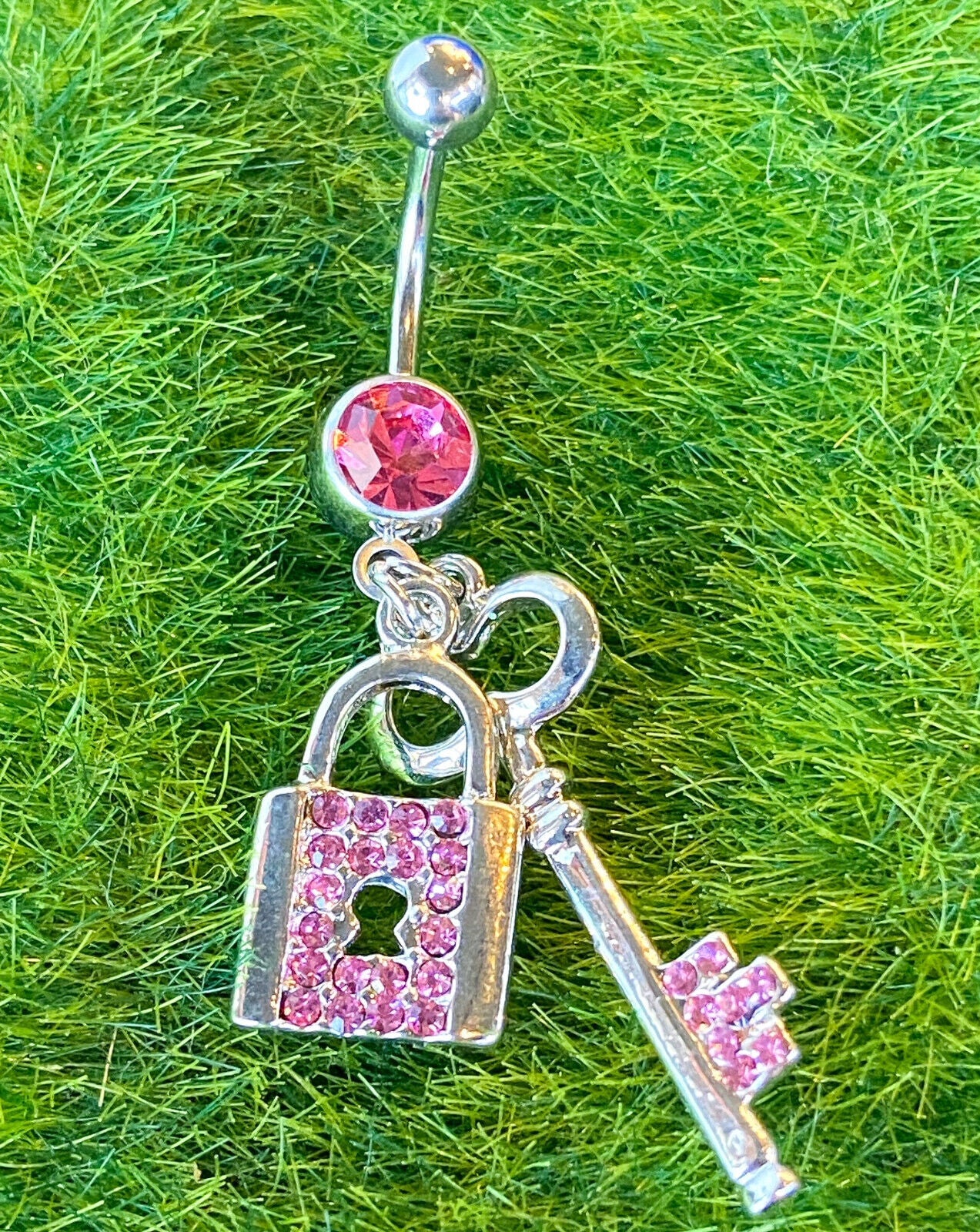 Paved Lock & Key CZ Gem Belly Ring Navel Naval Clear, Pink, Aqua