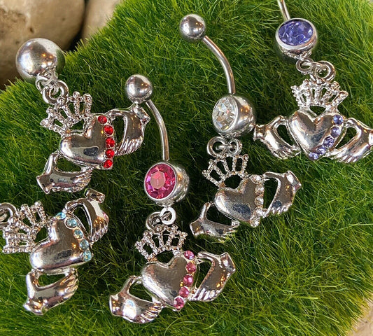Irish Claddagh Dangle Gem Belly Ring Navel Naval Heart Crown