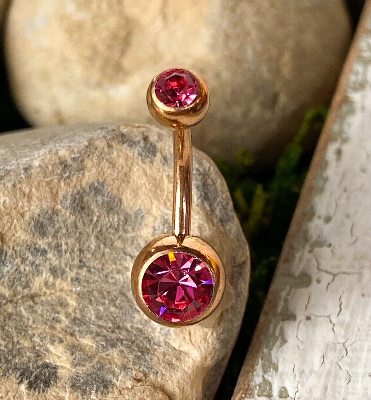 Rose Gold Plated Steel Double CZ Gem Ball Belly Ring Pierced Navel Naval