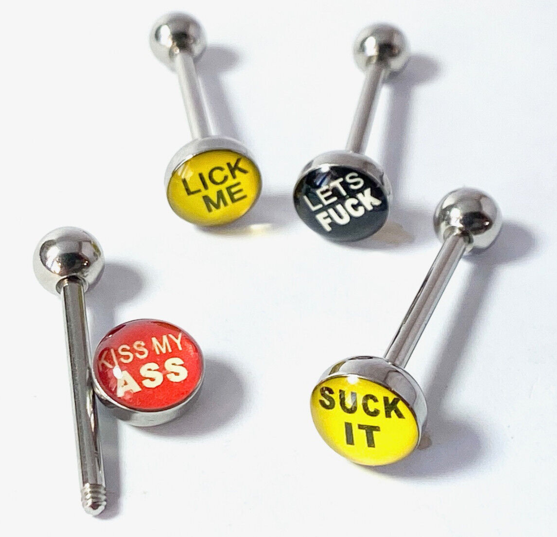 4pc Value Pack Epoxy Dome Bad Word Tongue Rings 14g Tounge Body Jewelry