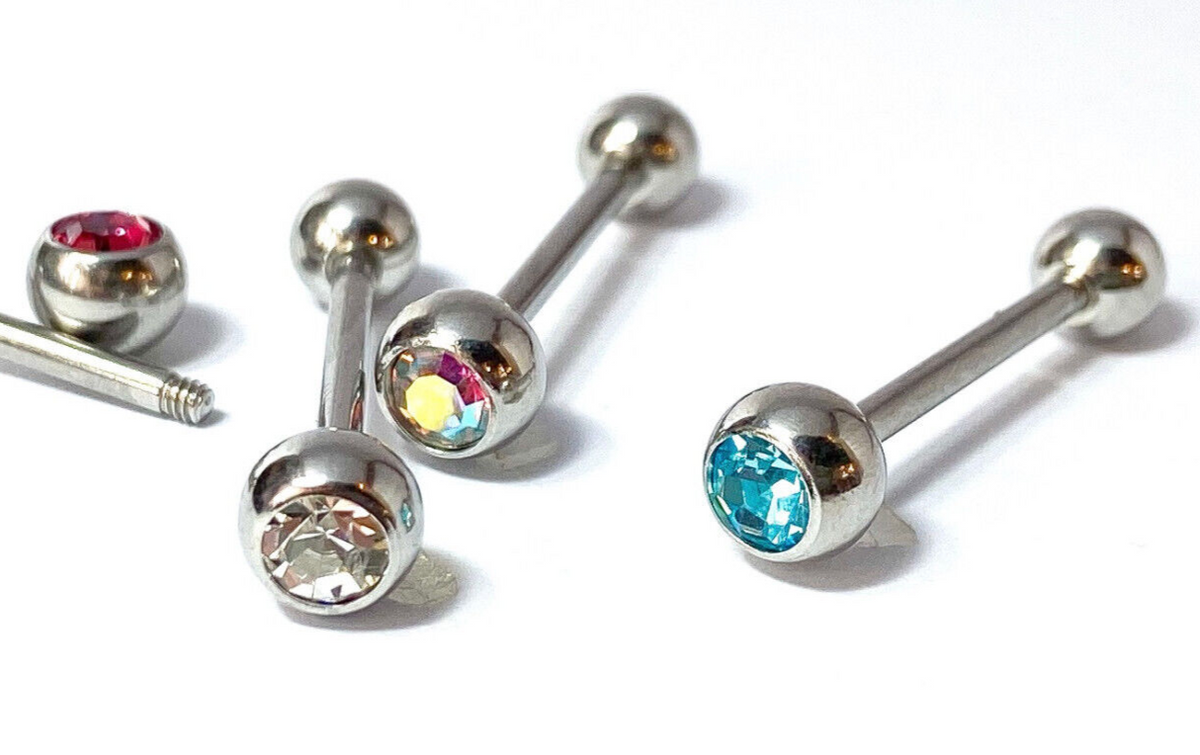 4pc Value Pack Gem Ball Steel Tongue Rings 14g Tounge Body Jewelry