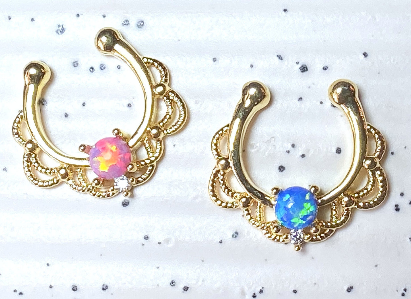 1pc NON-Pierced 14k Gold Plated Lacey Single Opal Septum Fake Clip-on Nose Ring