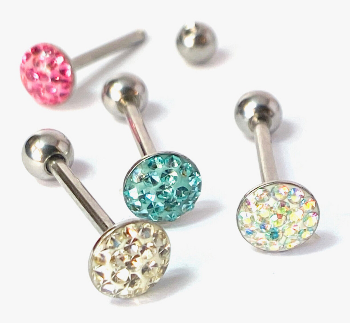 1pc Epoxy Coated Round Paved Crystals Tongue Tounge Ring Barbell Body Jewelry