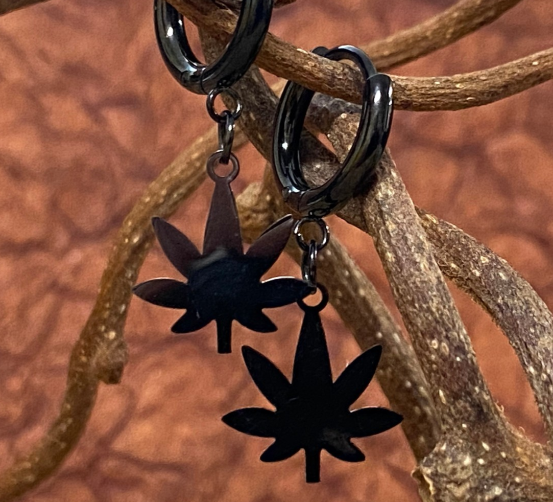 PAIR of Pot Leaf Dangle Hinged Hoop Earrings Huggies 18g 316L Stainless Steel