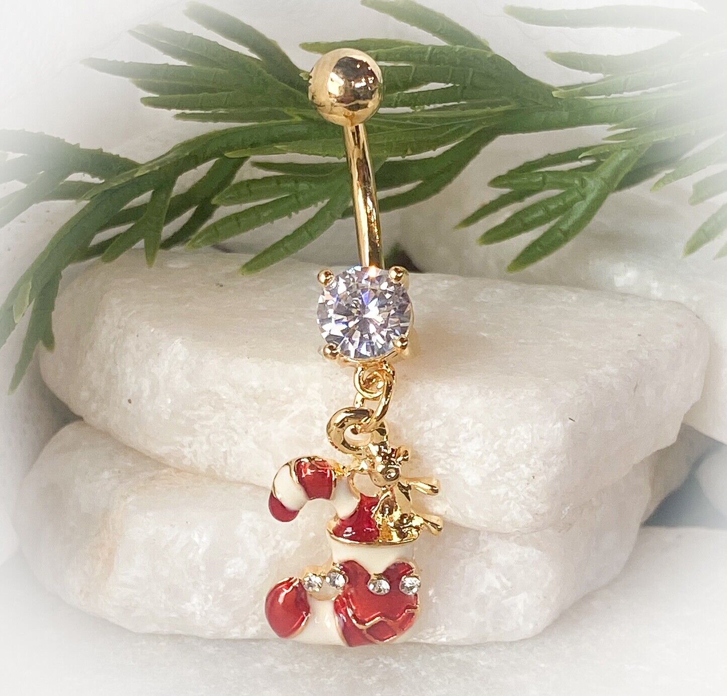 Christmas Dangle Belly Ring Pierced Navel Holiday Surgical Steel 14k Gold IP