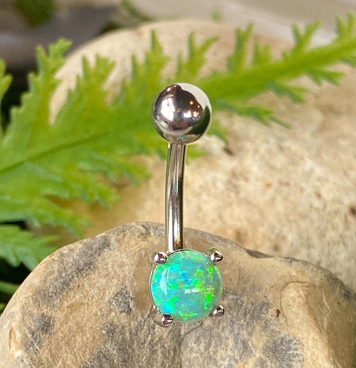 Solitaire Opal Stone Belly Ring Pierced Navel Rose Gold, Blue, Green, Pink