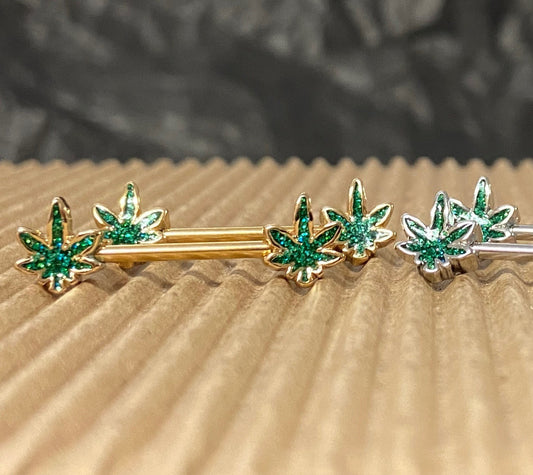 PAIR Glittery Marijuana Leaf Ends Nipple Rings Shields Barbells Pot Body Jewelry