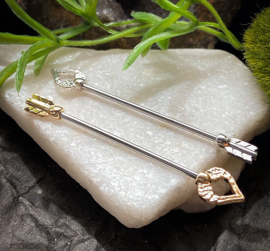 1pc Heart Arrow 38mm 1.5" Industrial Barbell - choose Steel, Gold or Rose Gold