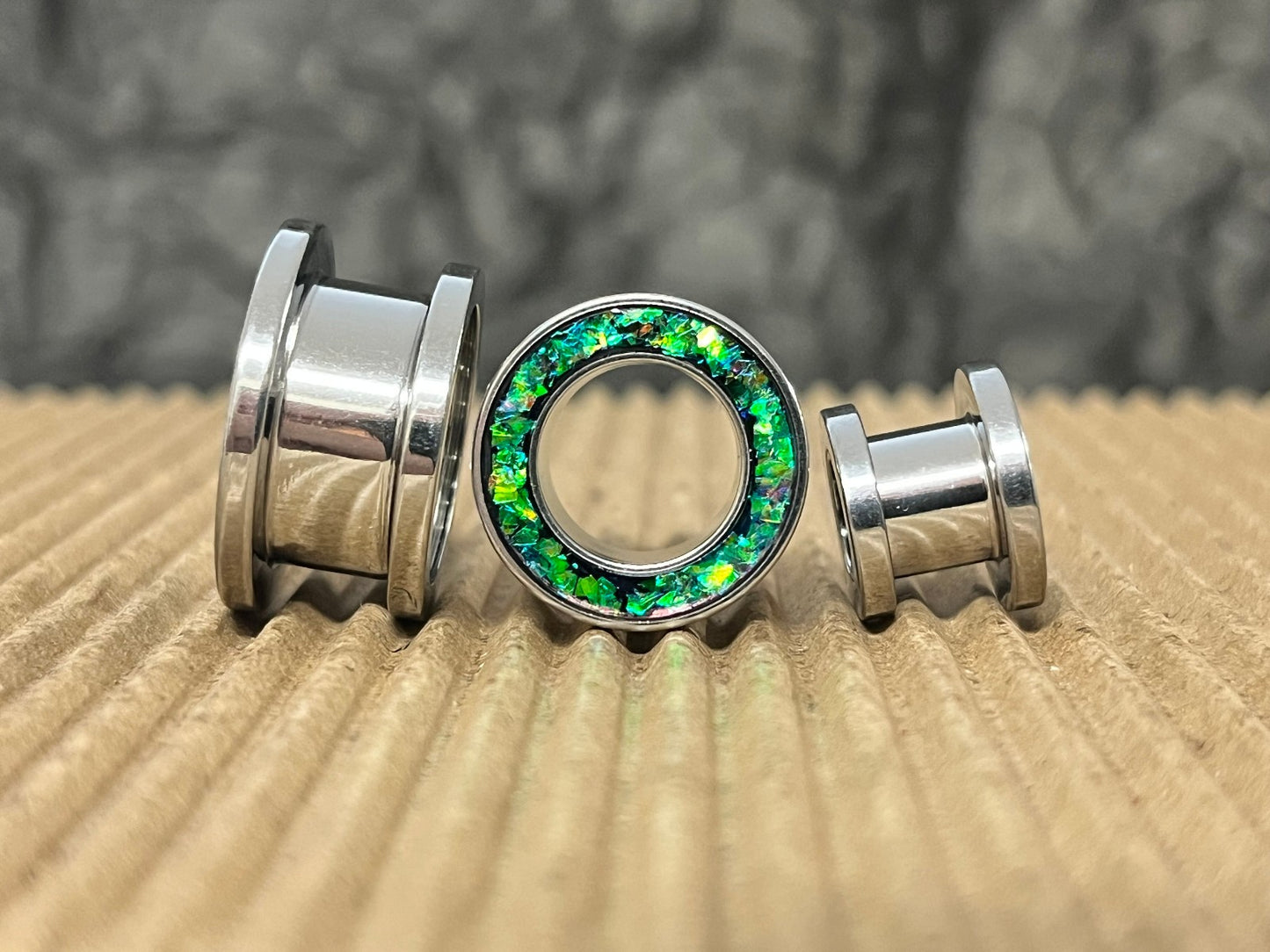 PAIR Green Opal Glitter Rim Screw Fit Tunnels Ear Plugs Earlet Rimmed Gauges