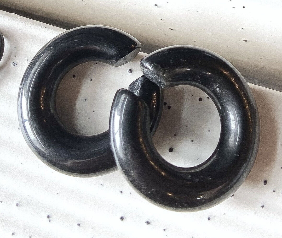 PAIR Black Onyx Stone Hoops Hanger Ear Weight Plug Gauge Tunnel Organic Earrings