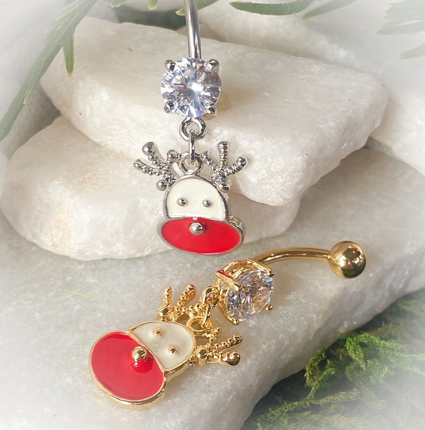 Christmas Dangle Belly Ring Pierced Navel Holiday Surgical Steel 14k Gold IP